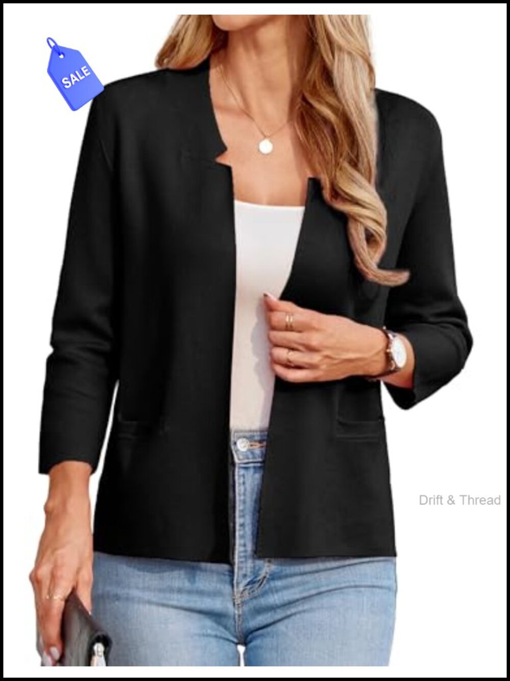 Knit Sweater Blazer Women Business Casual Cropped 3/4 Sleeve Cardigan
